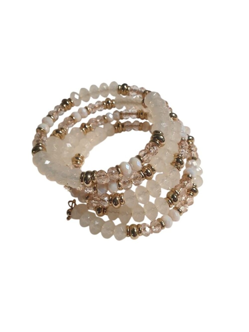 Faceted Bead Bracelet Gold Tone Accents Adjustable Clear White Beads Handmade